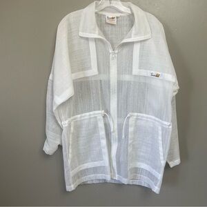 Vintage Sunveil White Button Up Sheer Textured Collared Cover Up Top Womens S